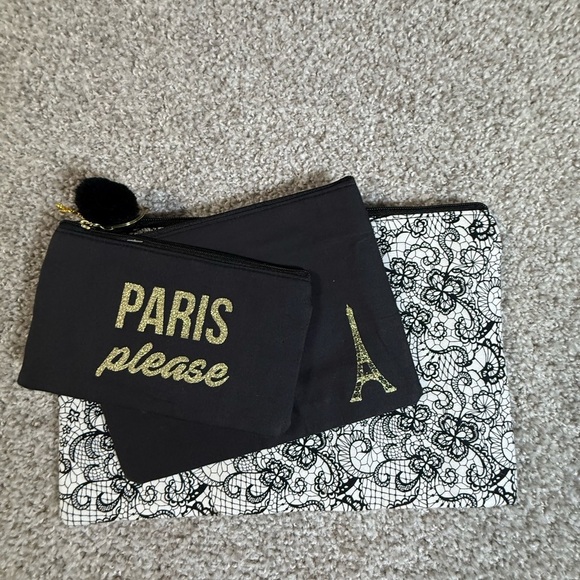 Paris Please Handbags - 3-Pack Paris Travel Cosmetic Bag Set – “Paris Please” Black & Lace Design
